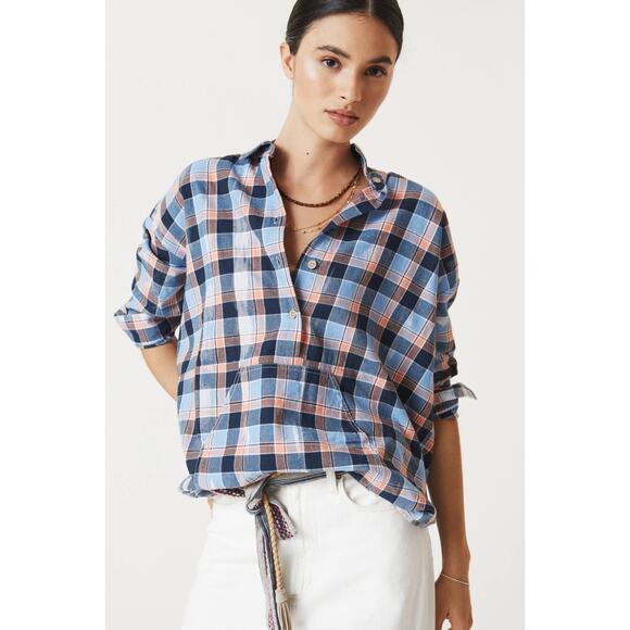Anthropologie Pilcro Plaid Henley Tunic Top Small Bleached Spring Popover Beach - Picture 1 of 9